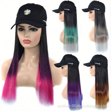 MYZYR Long Curly/straight Wig Hip Hop Hat Synthetic Adjustable Baseball Cap Wig Fake Hair Natural with Hat Embroidery for Women